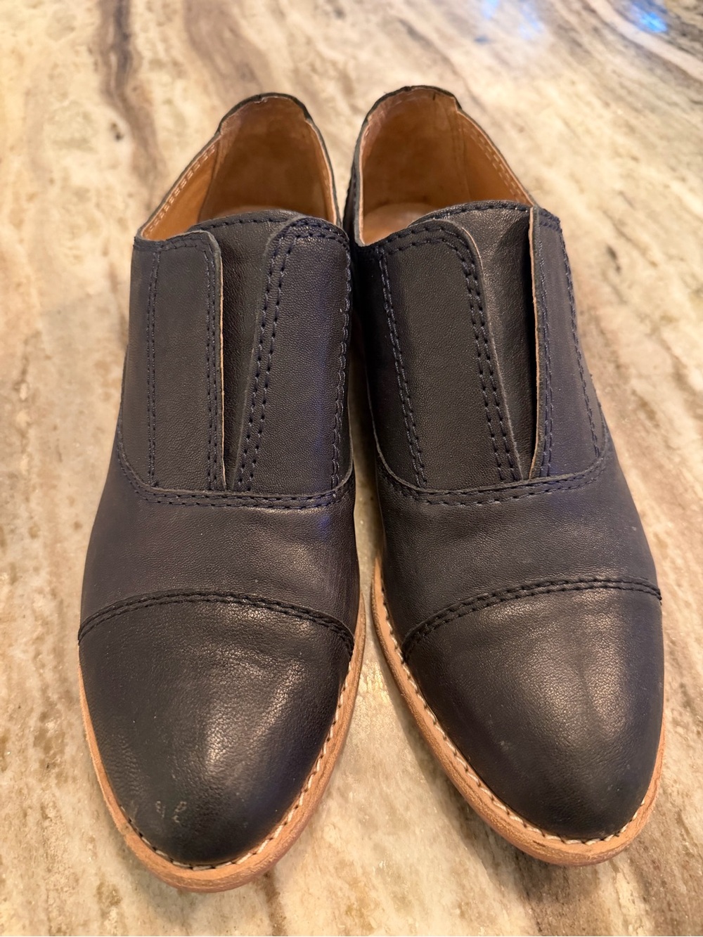 Women's Black Leather Slip-On Loafers with Tan Trim